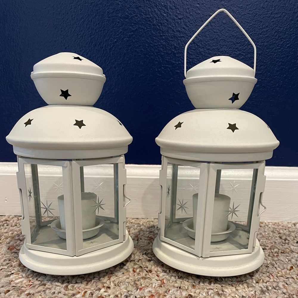 Set of 2 White Candle Lanterns with Star Pattern